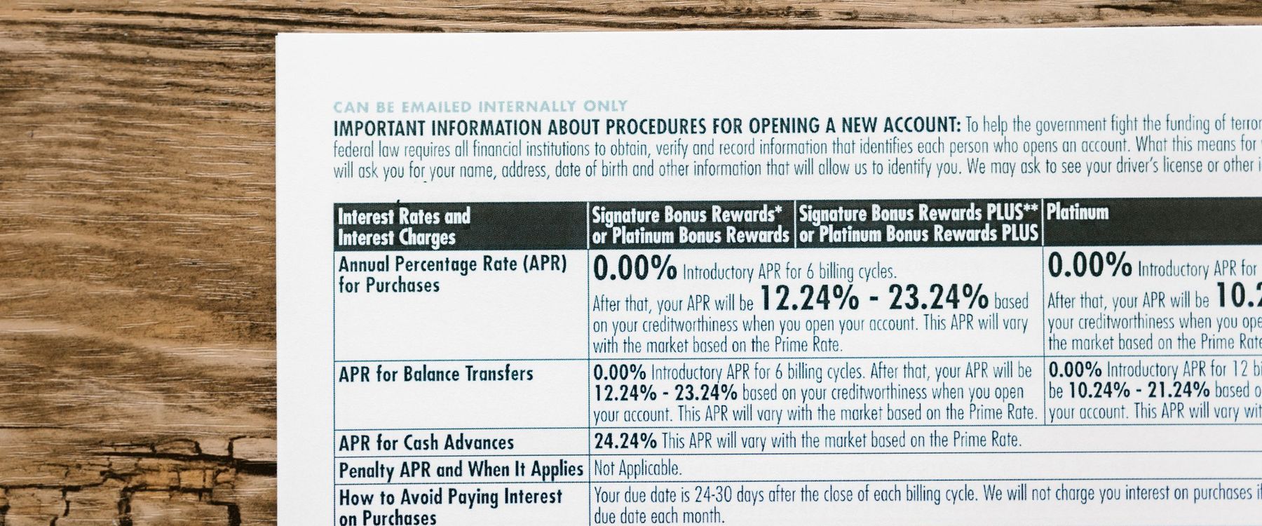 Credit card disclosure table listing introductory APRs for purchases and balance transfers